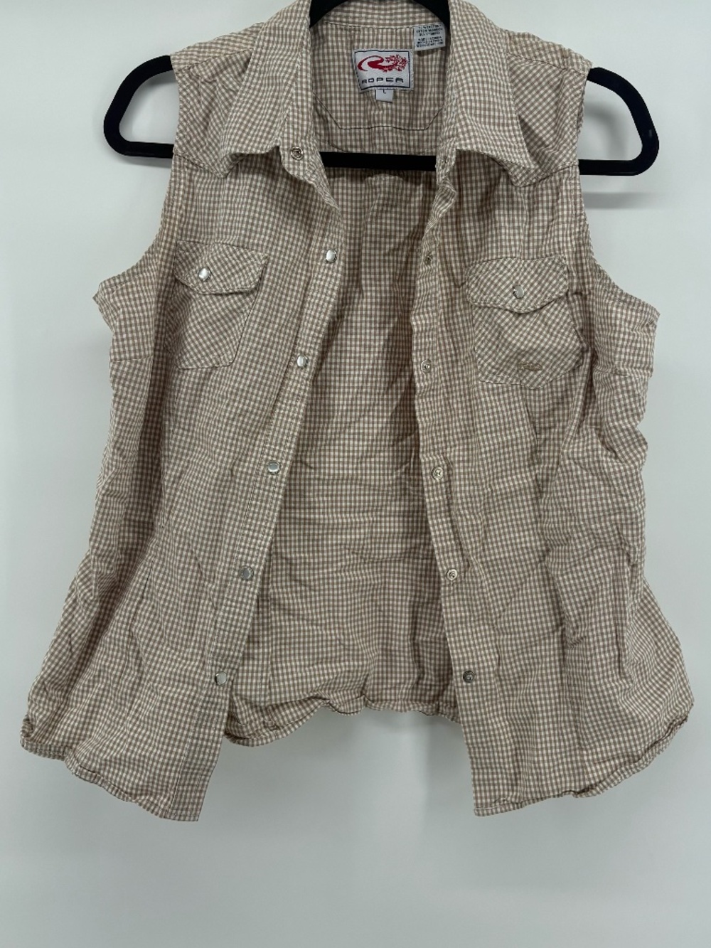 mens ROPER button up tank top tan and white plaid print pockets on front size L